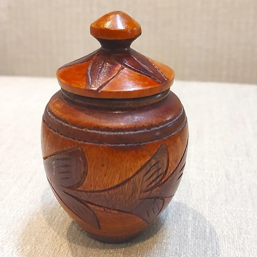 Vintage Small 2-Toned Carved Wood Floral Lidded Jar
